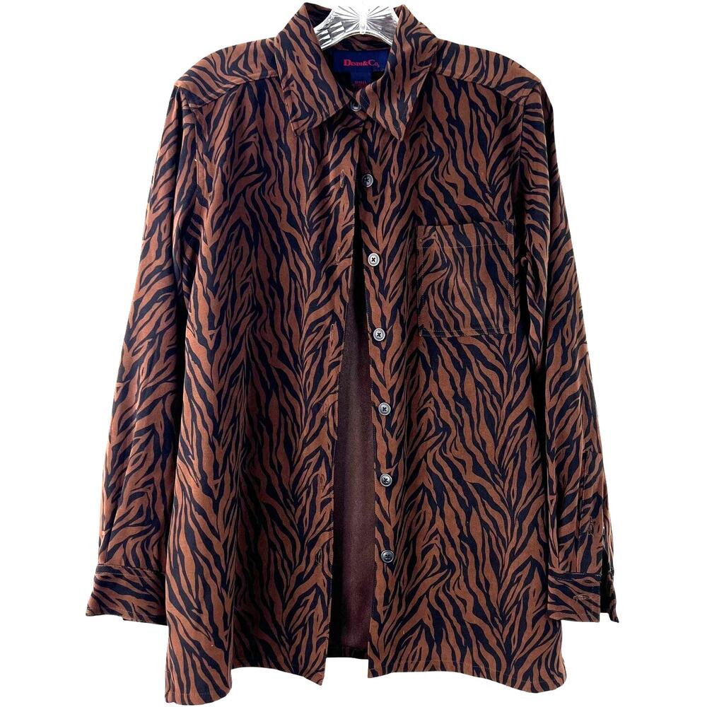 Denim & Co. Vintage Shacket Brown/Black Tiger Animal Print Office Siren Size S